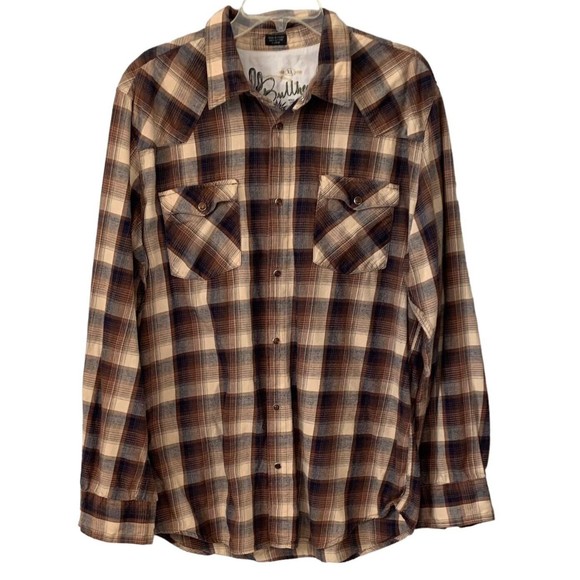 Bullhead Other - BULLHEAD Pearl Snap Mens Long Sleeve Brown Plaid Flannel Shirt - Size XL